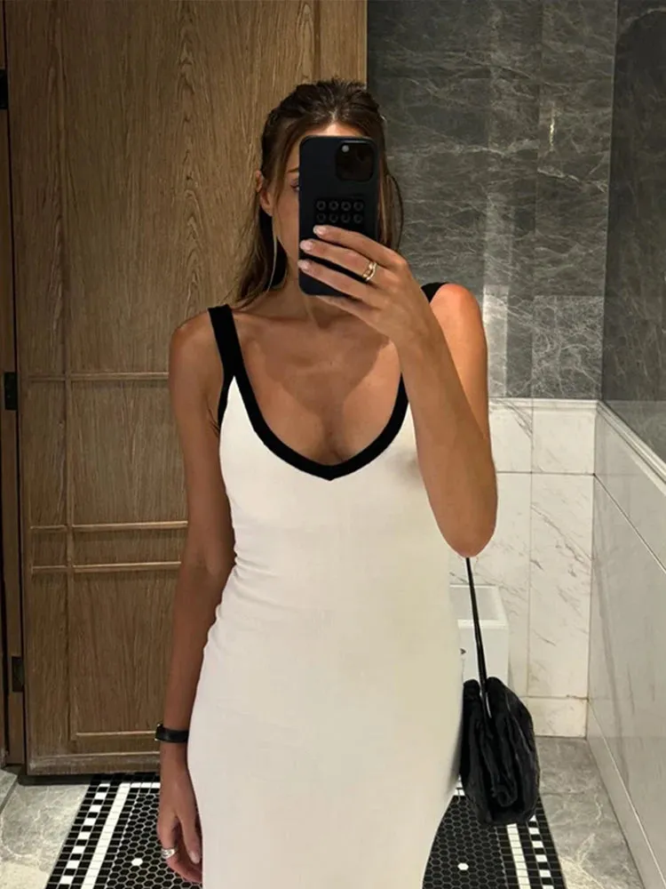 TAVIMART -  Knitted Suspender Split Long Dress Women Sexy Sleeveless V-Neck Elegant Knitwear Beach Vacation Dresses Female Bodycon Chic Robe