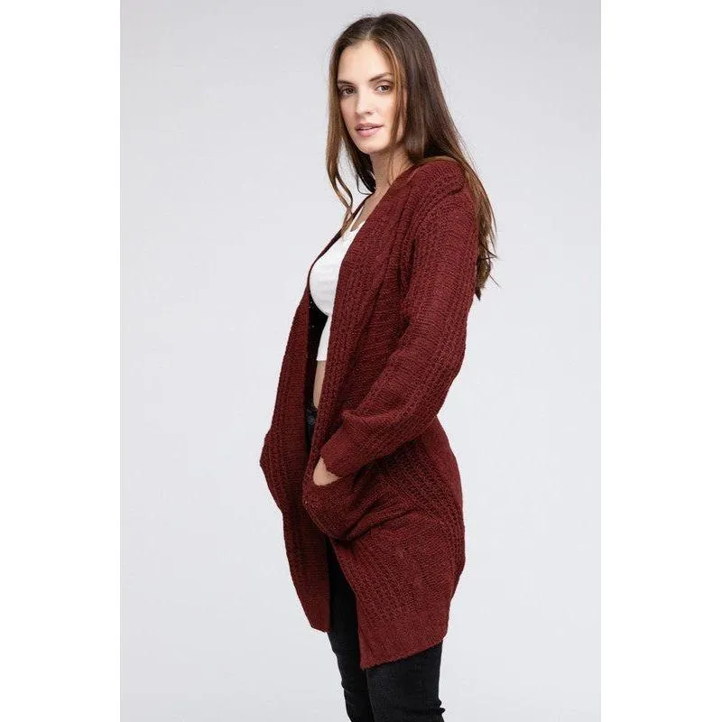 The Cozy Kitted Open Front Cardigan In Marsala Or Black