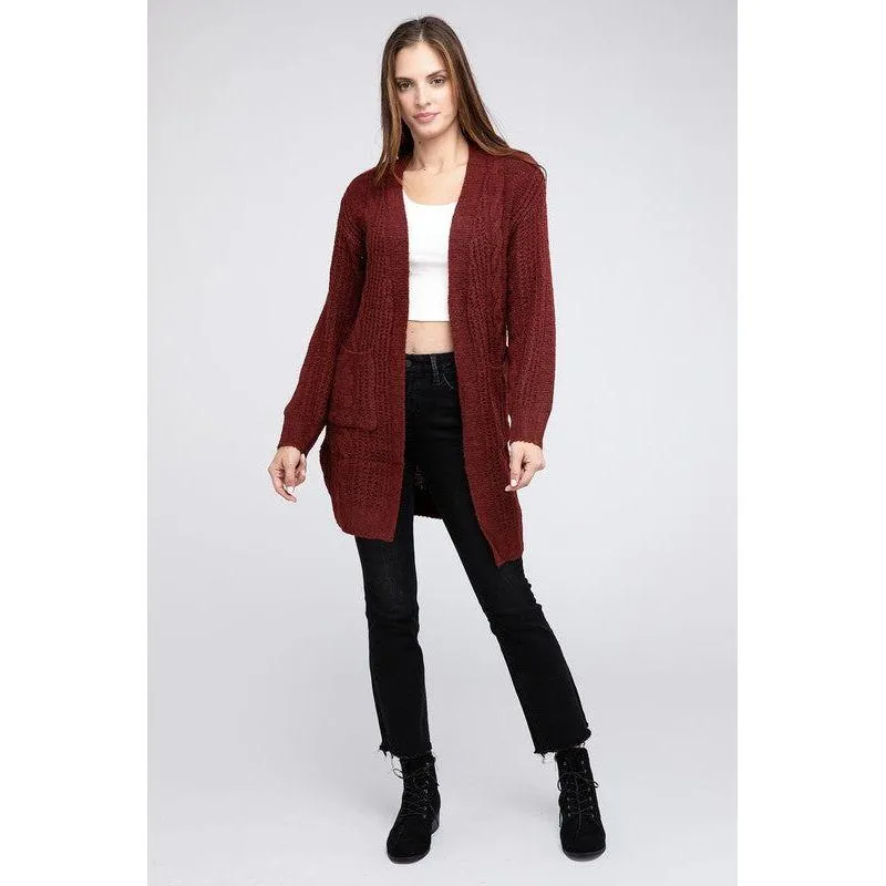 The Cozy Kitted Open Front Cardigan In Marsala Or Black