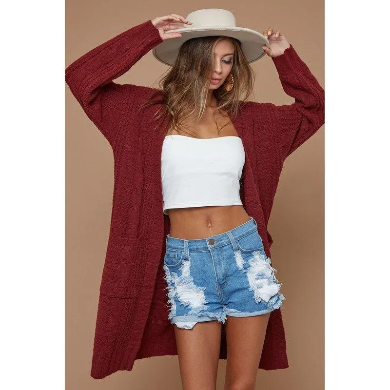 The Cozy Kitted Open Front Cardigan In Marsala Or Black