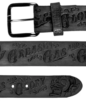 The GREASE, GAS & GLORY Embossed Leather Belt - BLACK