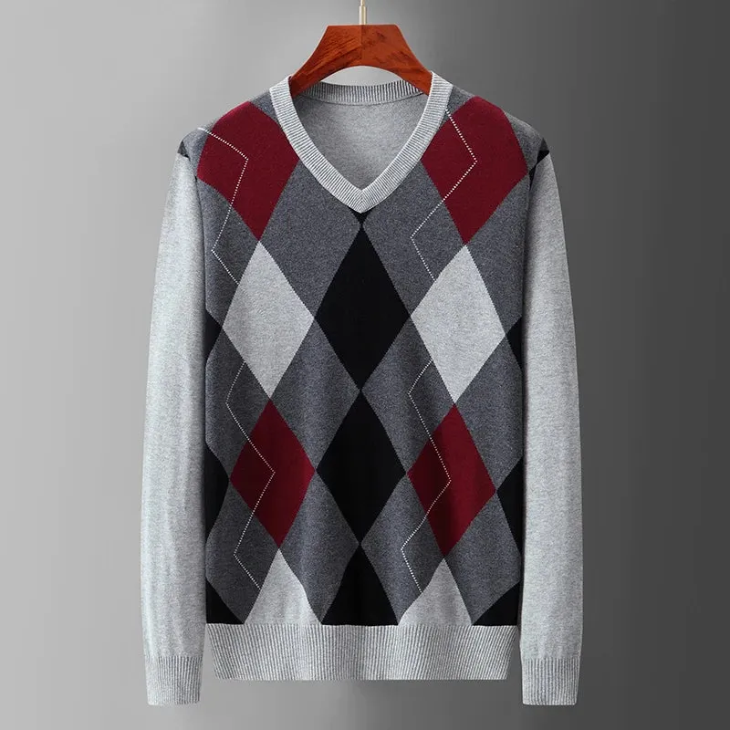 Trend4us Men's Classic V-Neck Argyle Knit Sweater