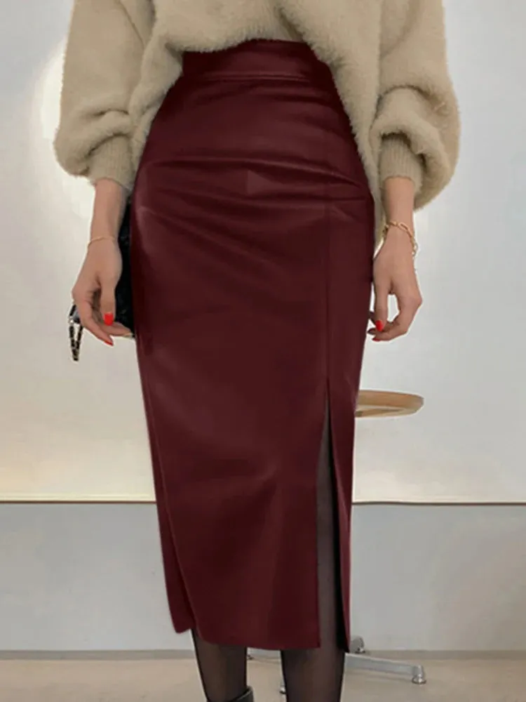 Uniwim Fashion Side Slit Skirts PU Leather Women Elegant High Waist Bodycon Sheath Midi Jupes 2023 Autumn Sexy Slim Faldas Mujer