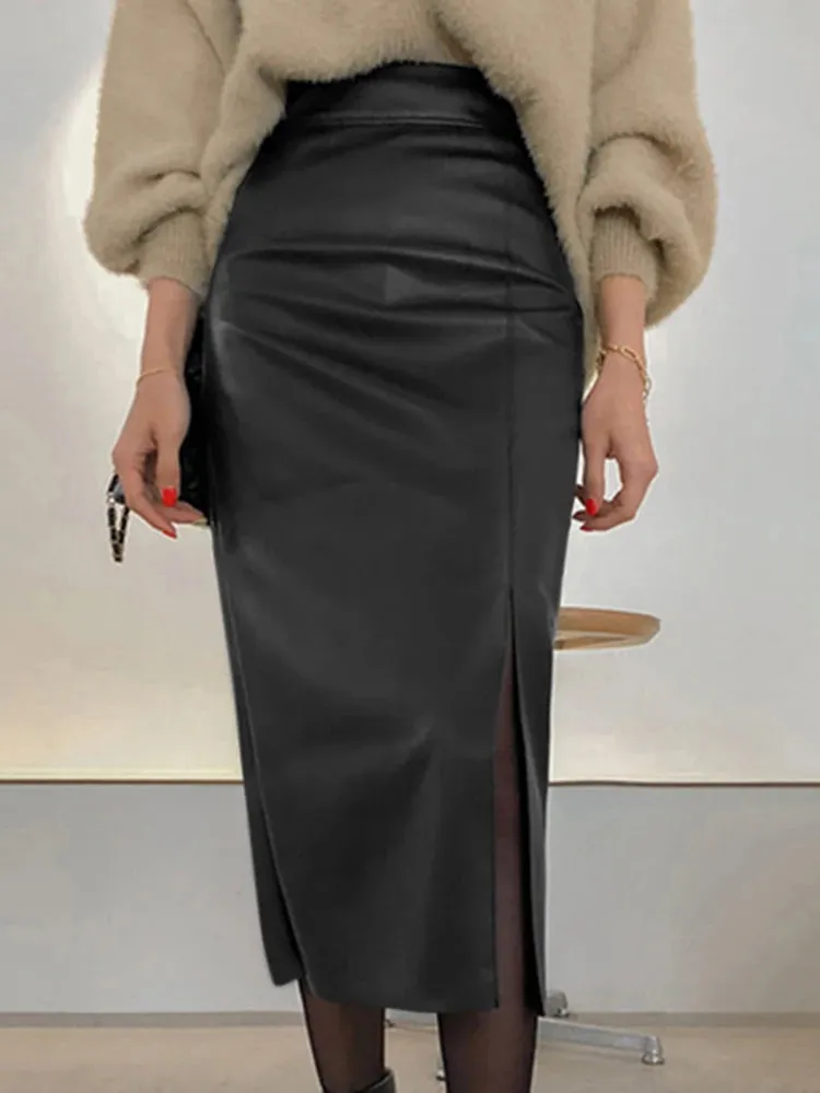 Uniwim Fashion Side Slit Skirts PU Leather Women Elegant High Waist Bodycon Sheath Midi Jupes 2023 Autumn Sexy Slim Faldas Mujer