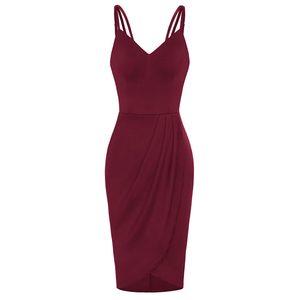 V Neck Adjustable Spaghetti Strap Ruched Bodycon Party Dress