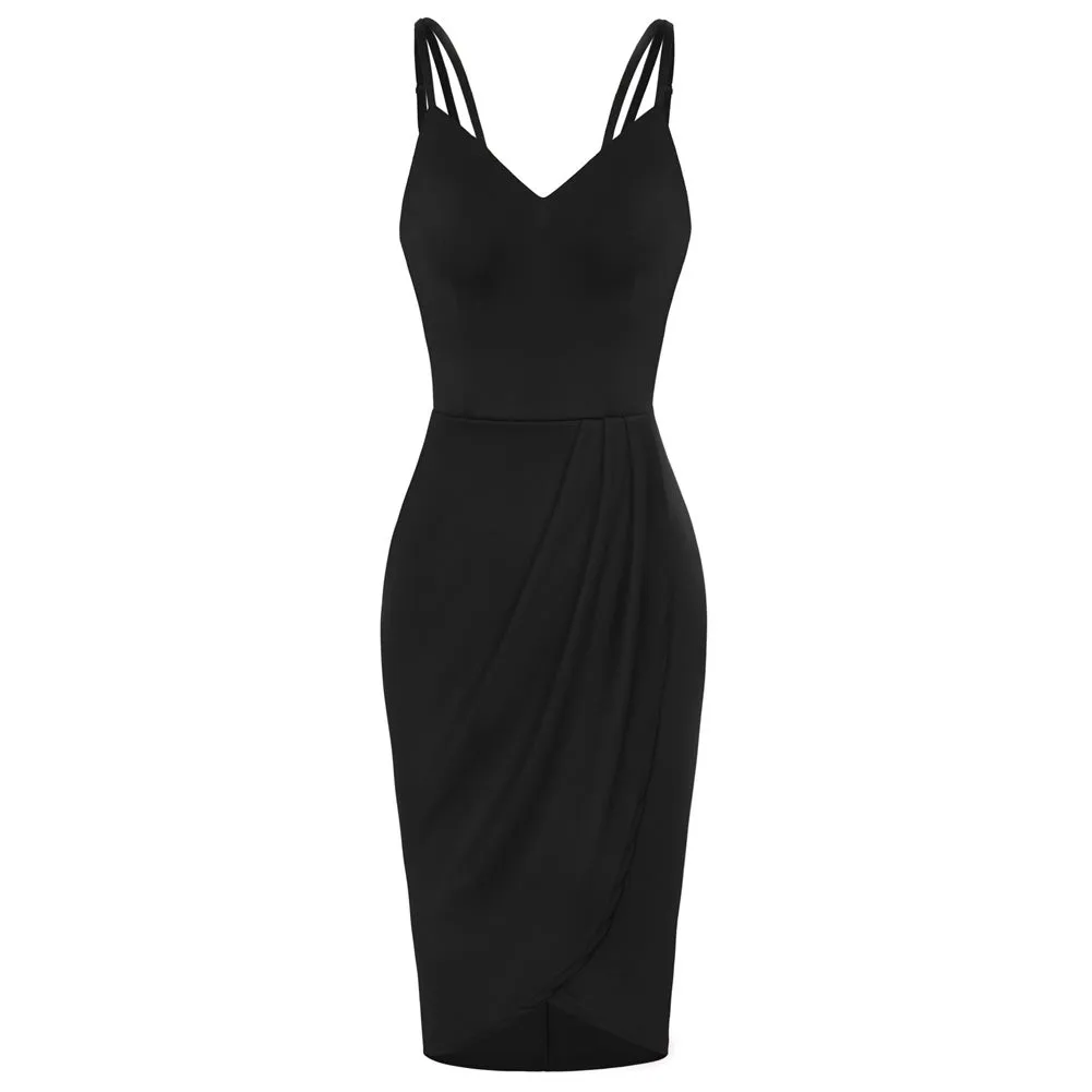 V Neck Adjustable Spaghetti Strap Ruched Bodycon Party Dress