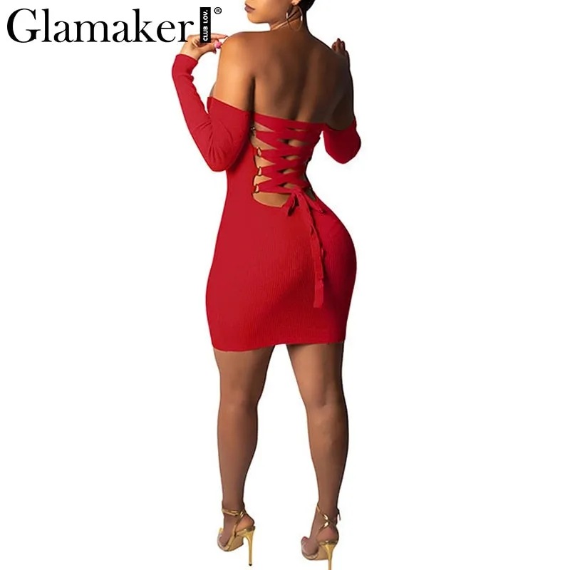 VenusFox Glamake Sexy knitted off shoulder bodycon red dress Women backless lace up mini dress elegant Spring party club dress vestidos