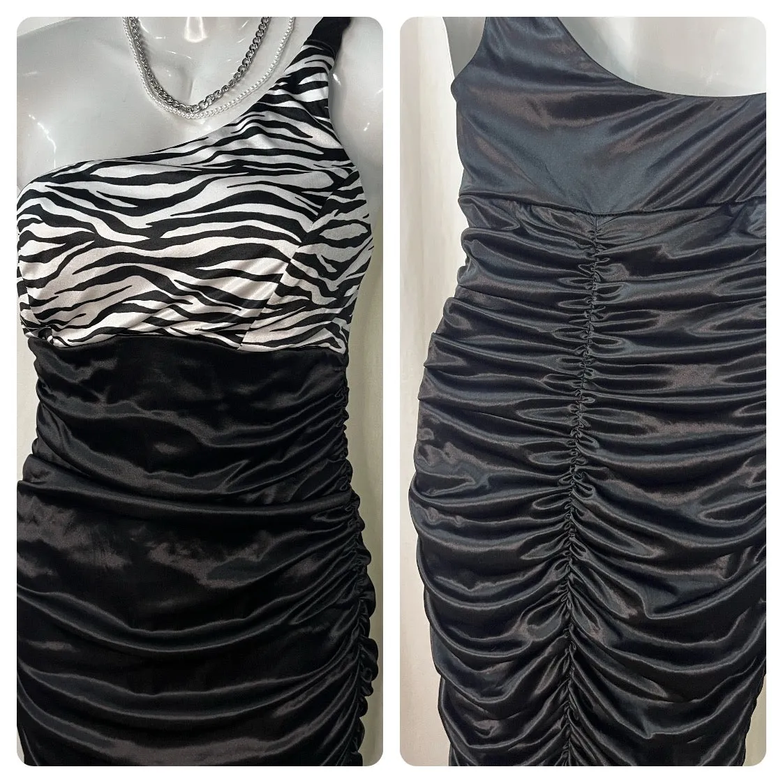 Vintage 90s Y2K Zebra Print Indie Sleaze Bodycon Assymetrical Mini Slip Dress L