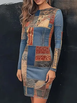 Vintage Denim Patchwork Printed Bodycon Dress