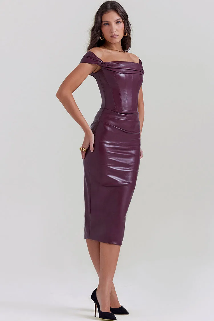 Vintage Pleated Off Shoulder Bodycon Vegan Leather Cocktail Mini Dress - Burgundy