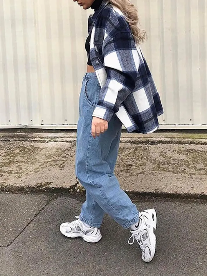 Wenkouban-Spring Casual Outfits Y2K Outfits Vintage Pockets Oversized Plaid Shacket