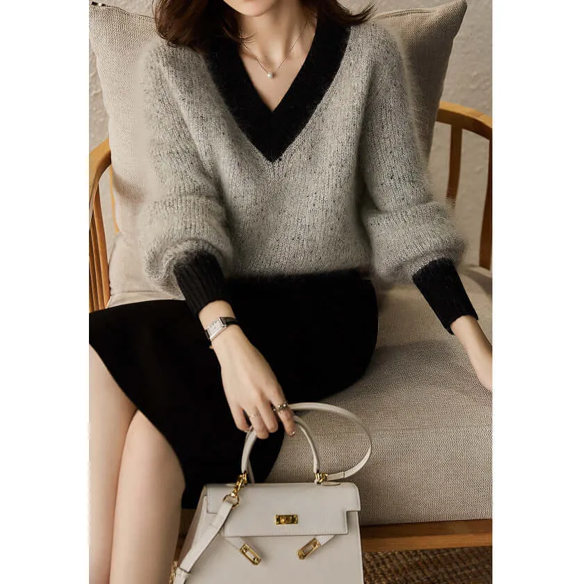 Western Style V-neck Fluffy Sweater Fashion And Elegance