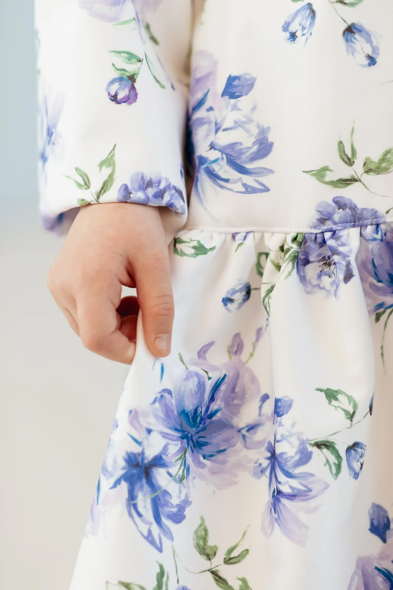 White Trapeze Coat for Girls with Blue Flower Print | 'Floral Dream'