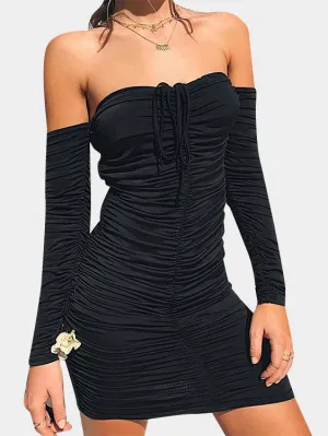 Wholesale Black Off The Shoulder Long Sleeve Pleated Dress