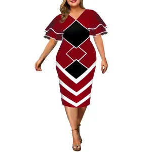 Women Bodycon A line Dress Geometric Print Layered Flare Sleeve