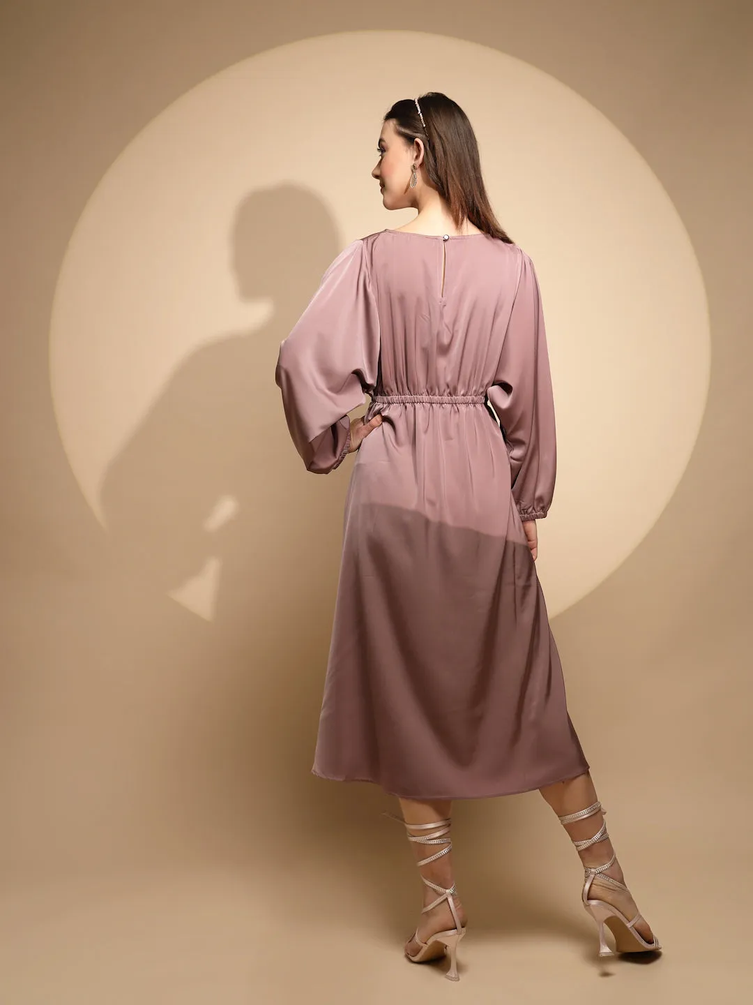 Women Dusty Nude Solid Boat Neck Full Sleeve Satin Long Dress