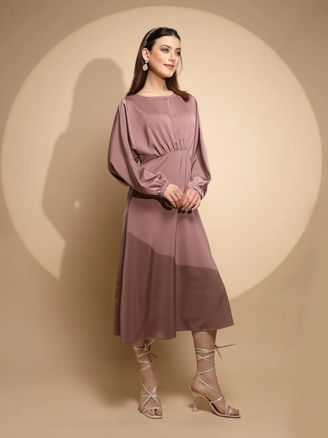 Women Dusty Nude Solid Boat Neck Full Sleeve Satin Long Dress