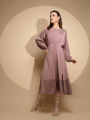 Women Dusty Nude Solid Boat Neck Full Sleeve Satin Long Dress