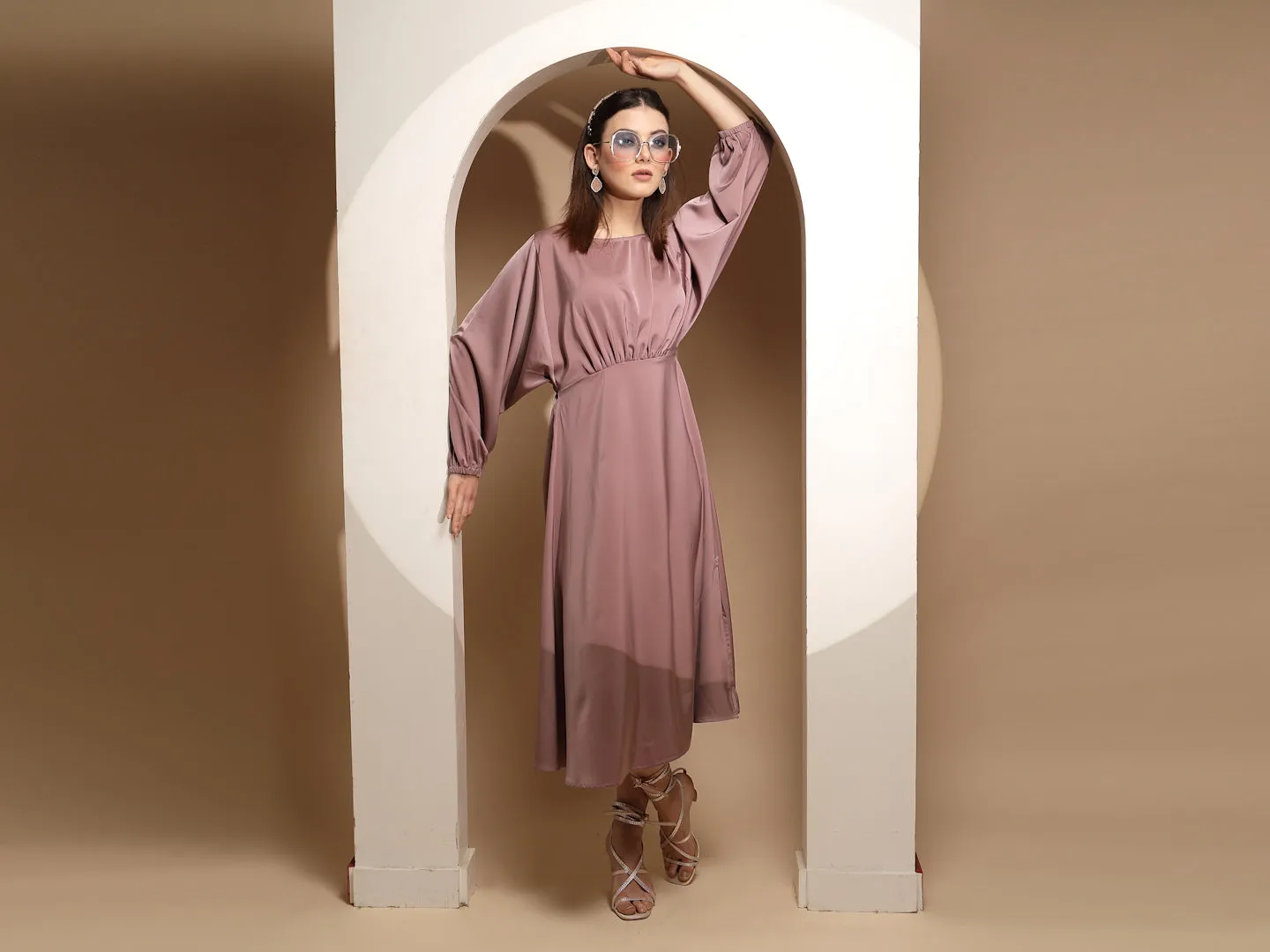 Women Dusty Nude Solid Boat Neck Full Sleeve Satin Long Dress