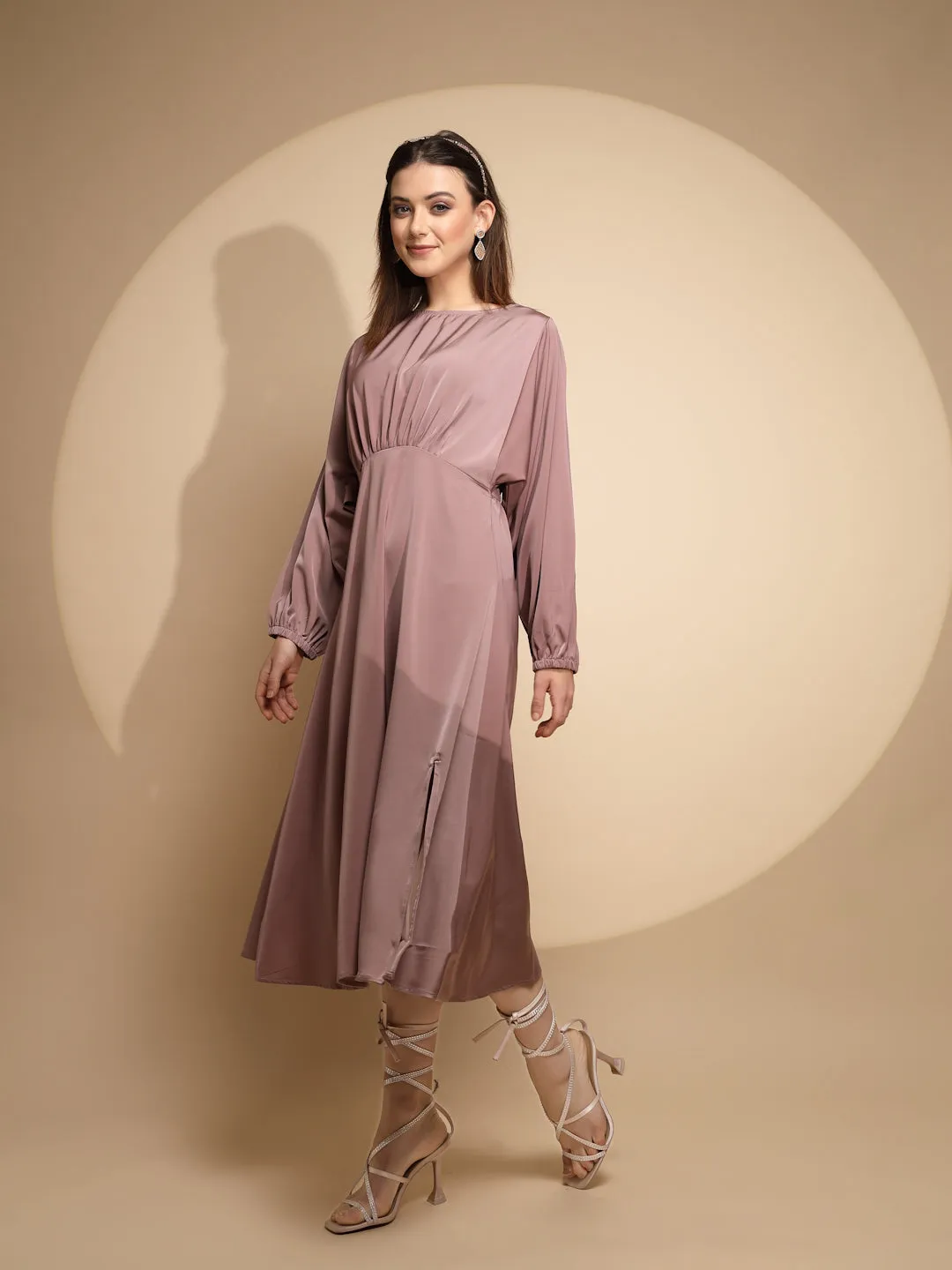 Women Dusty Nude Solid Boat Neck Full Sleeve Satin Long Dress