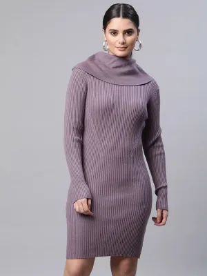 Women Elongated Neck Full Sleeves Mauve Slim Fit Bodycon Dress