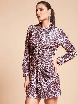 Women Leopard Printed Slim Fit Ruched Dress