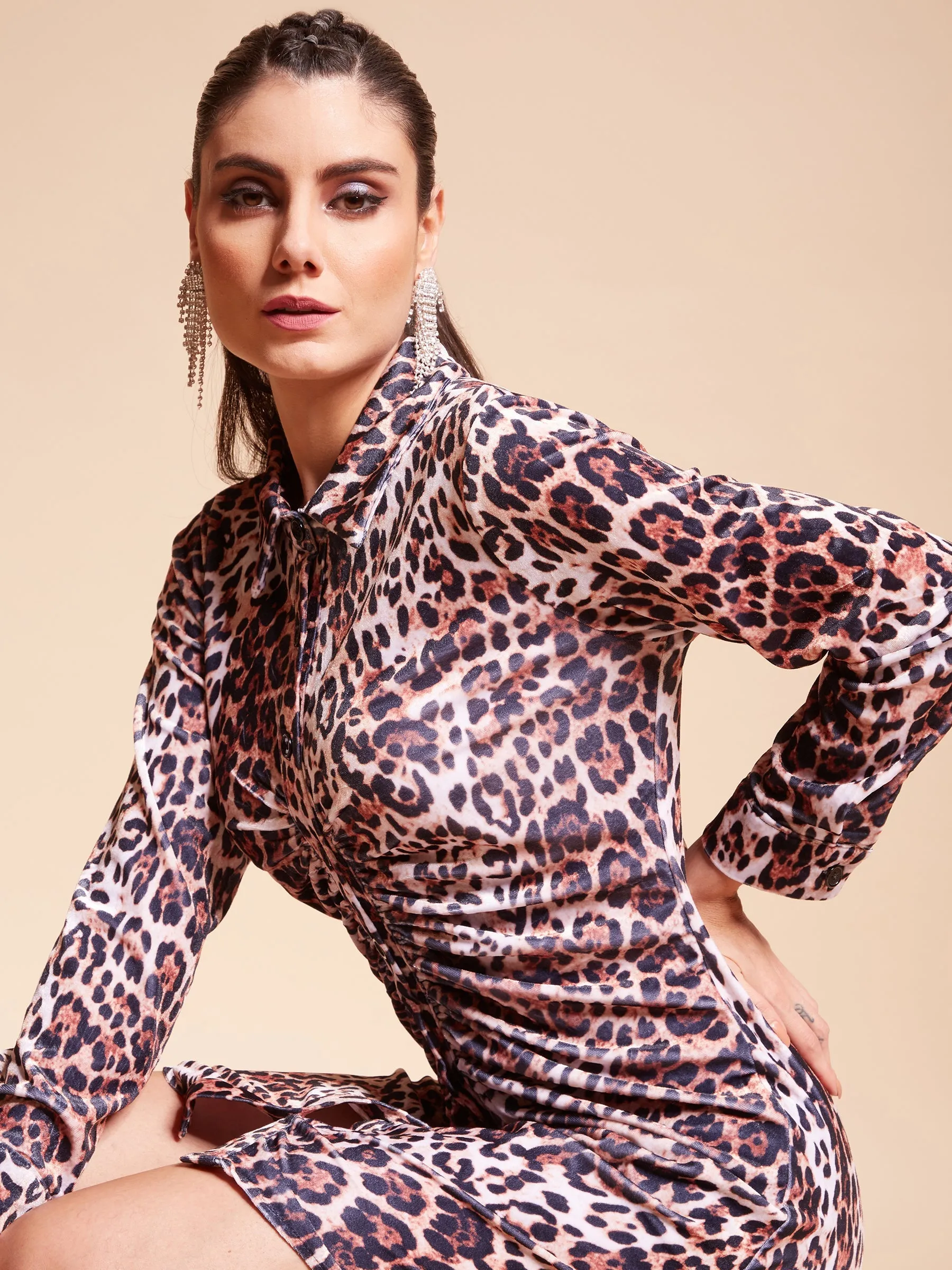 Women Leopard Printed Slim Fit Ruched Dress