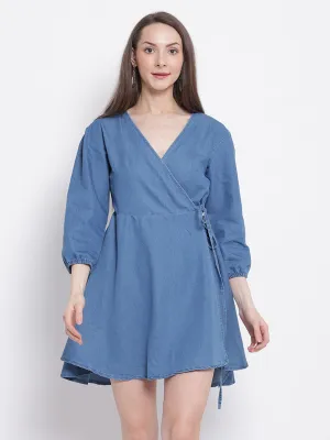 Women Light Blue Flared Denim Wrap Dress