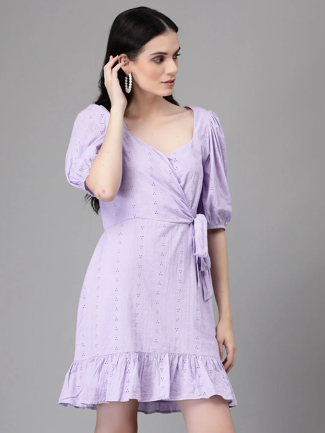 Women Lilac V Neck Embroidered Flared Dress