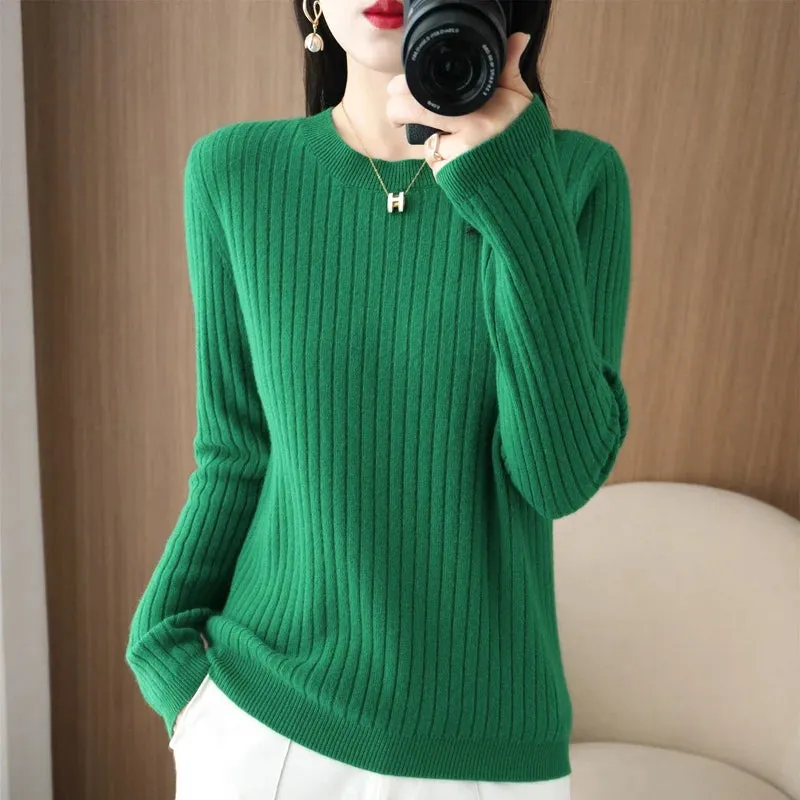 Women Long Sleeve Pullovers O-neck Stripe Sweaters