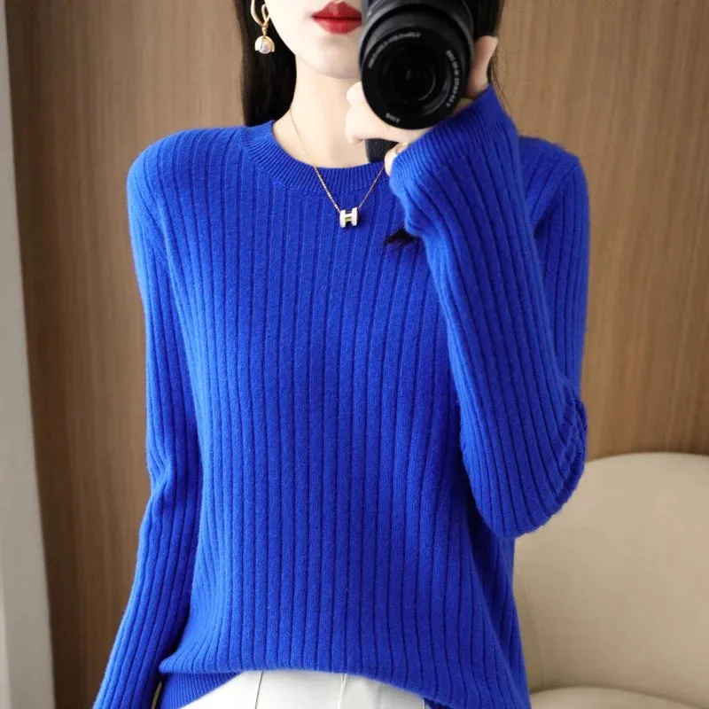 Women Long Sleeve Pullovers O-neck Stripe Sweaters