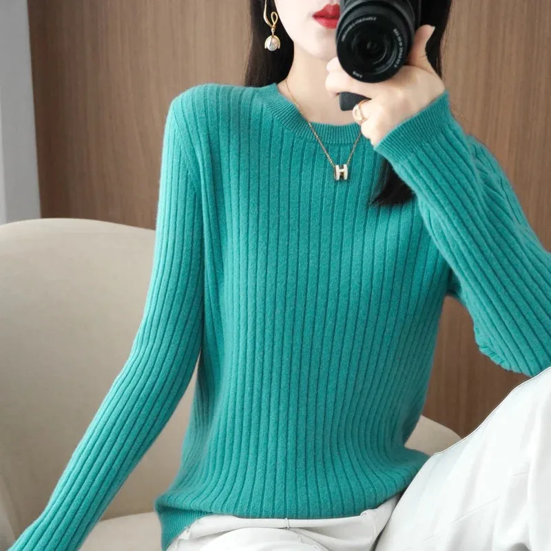 Women Long Sleeve Pullovers O-neck Stripe Sweaters