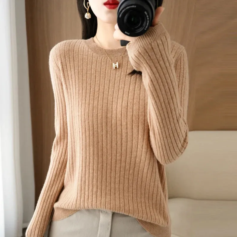 Women Long Sleeve Pullovers O-neck Stripe Sweaters