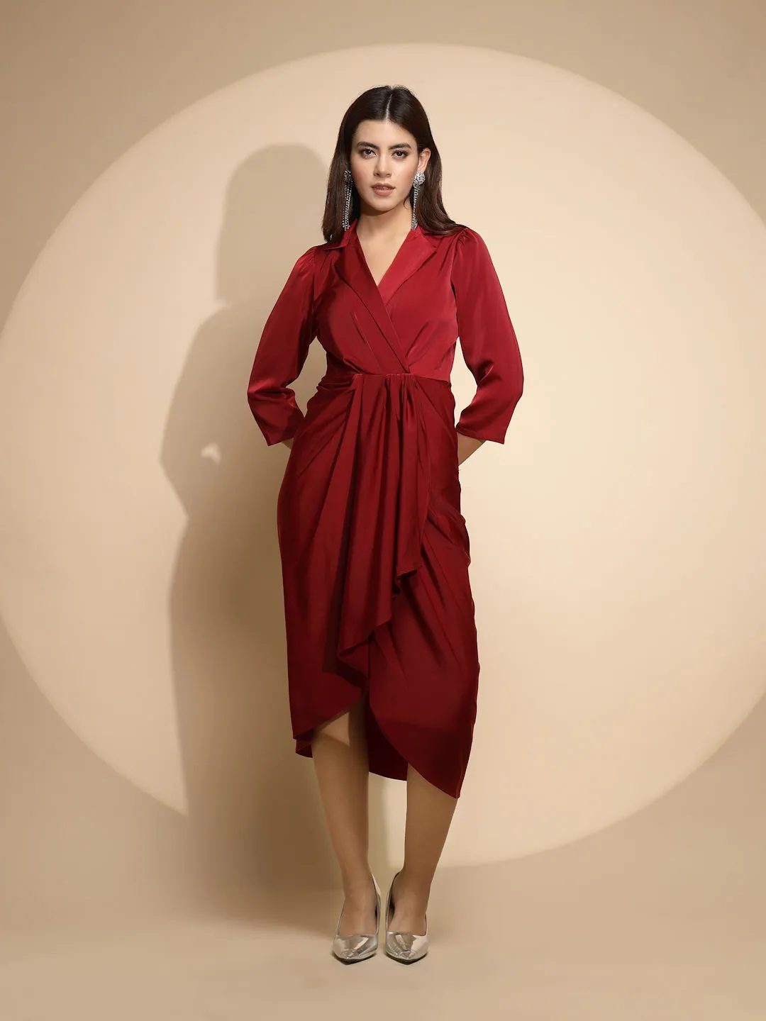 Women Maroon Solid Notch Collar Neck Three Quarter Sleeve Satin Dress