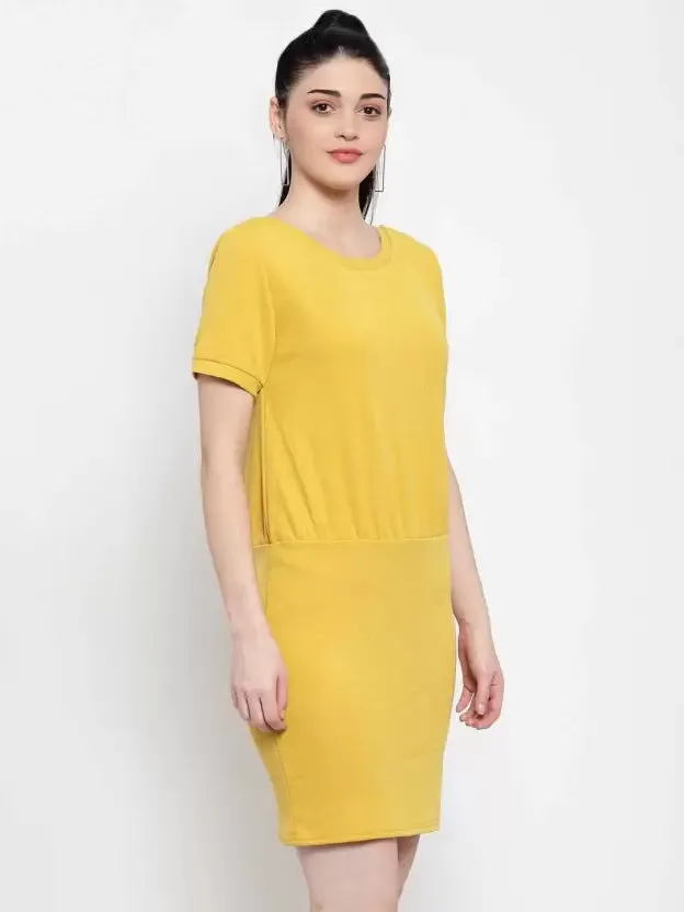 Women Mustard Solid Knee Length Dress