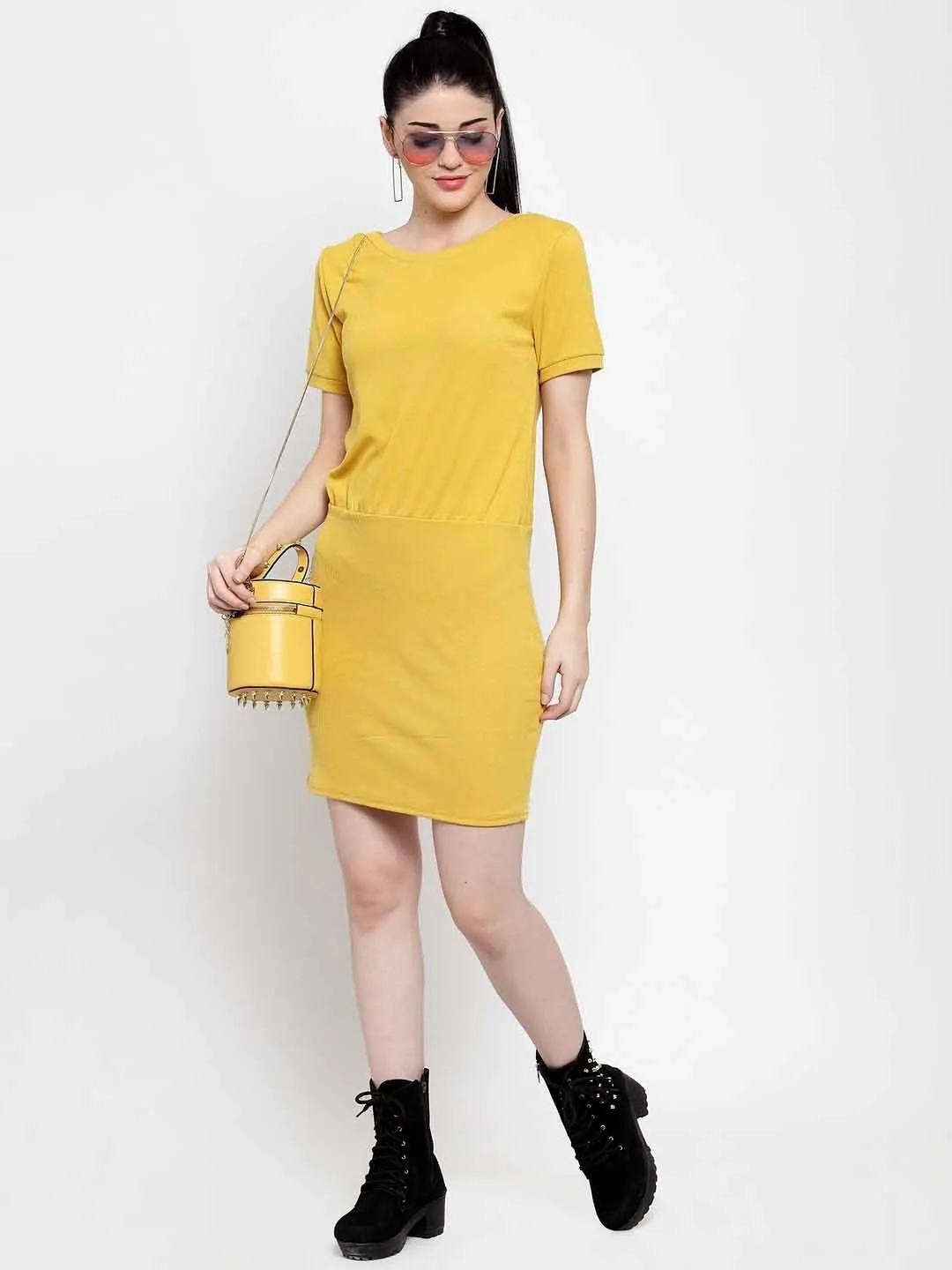 Women Mustard Solid Knee Length Dress