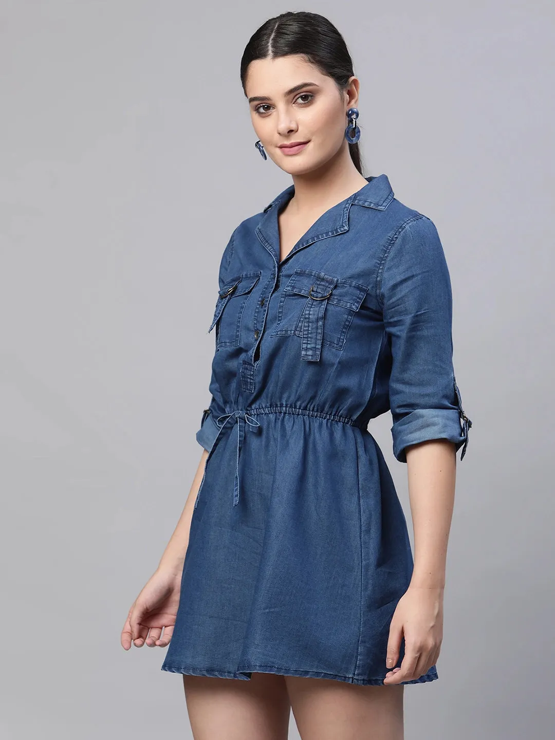 Women Notch Collar Dark Blue Denim Mini Dress