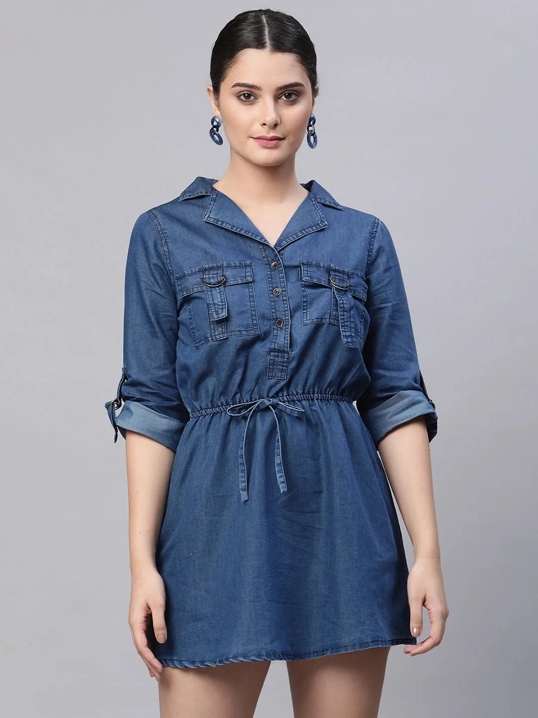 Women Notch Collar Dark Blue Denim Mini Dress