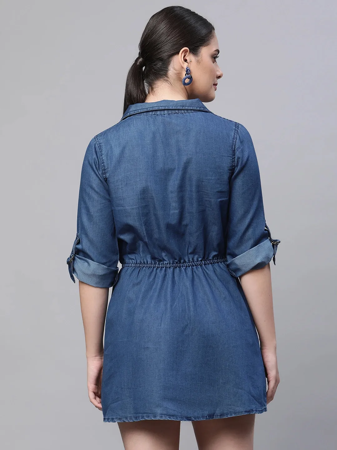 Women Notch Collar Dark Blue Denim Mini Dress