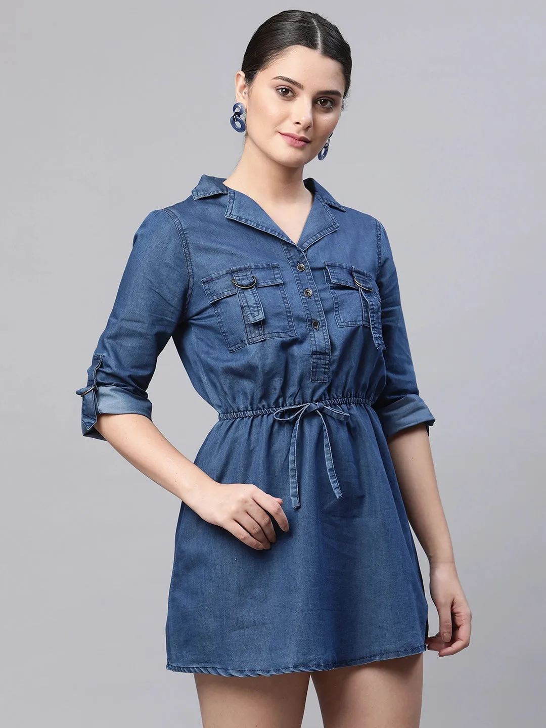 Women Notch Collar Dark Blue Denim Mini Dress