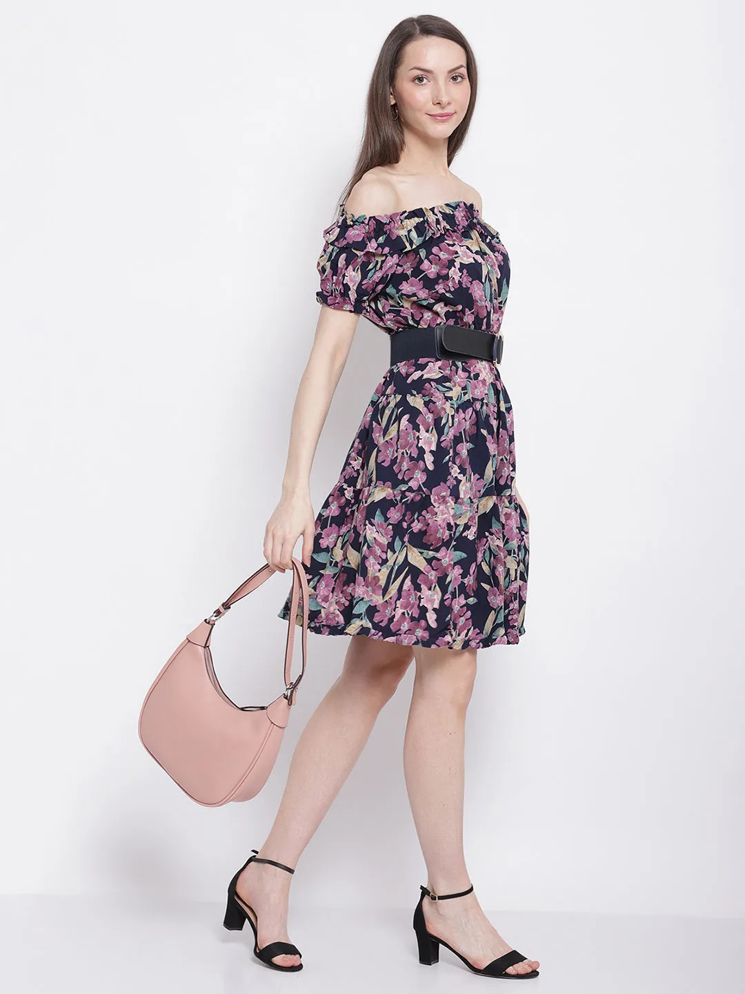 Women Off Shoulder Navy Blue Floral Printed Dress