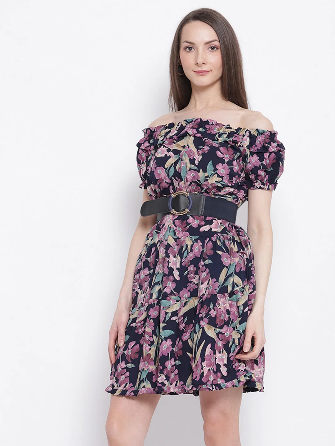 Women Off Shoulder Navy Blue Floral Printed Dress