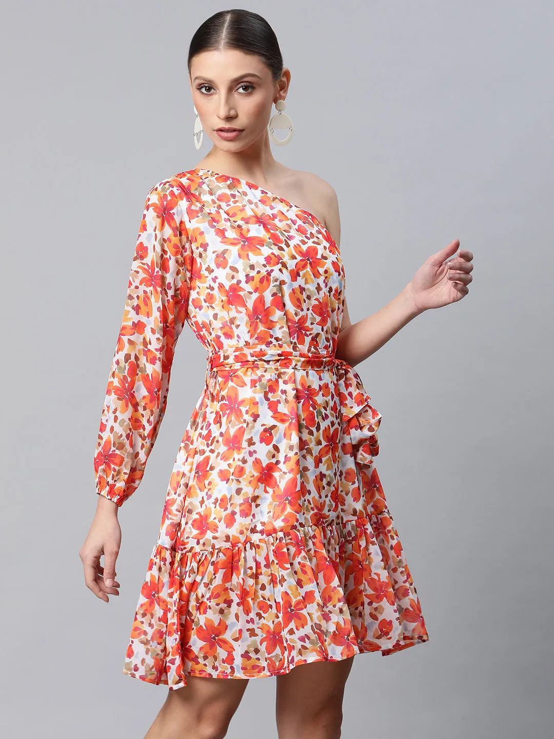 Women One-Shoulder Sunset Orange Floral Dress