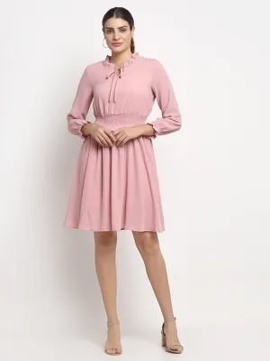 Women Pink High Neck Solid Knee Length Dress