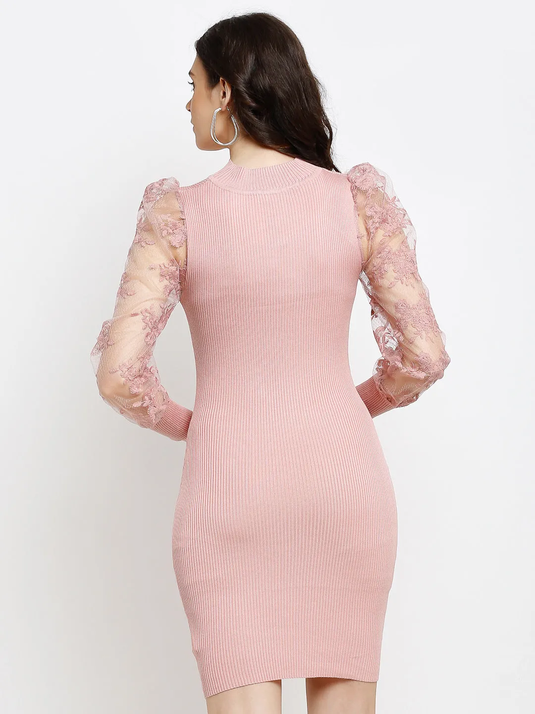 Women Pink Turtle Neck Slim-Fit Bodycon Dress