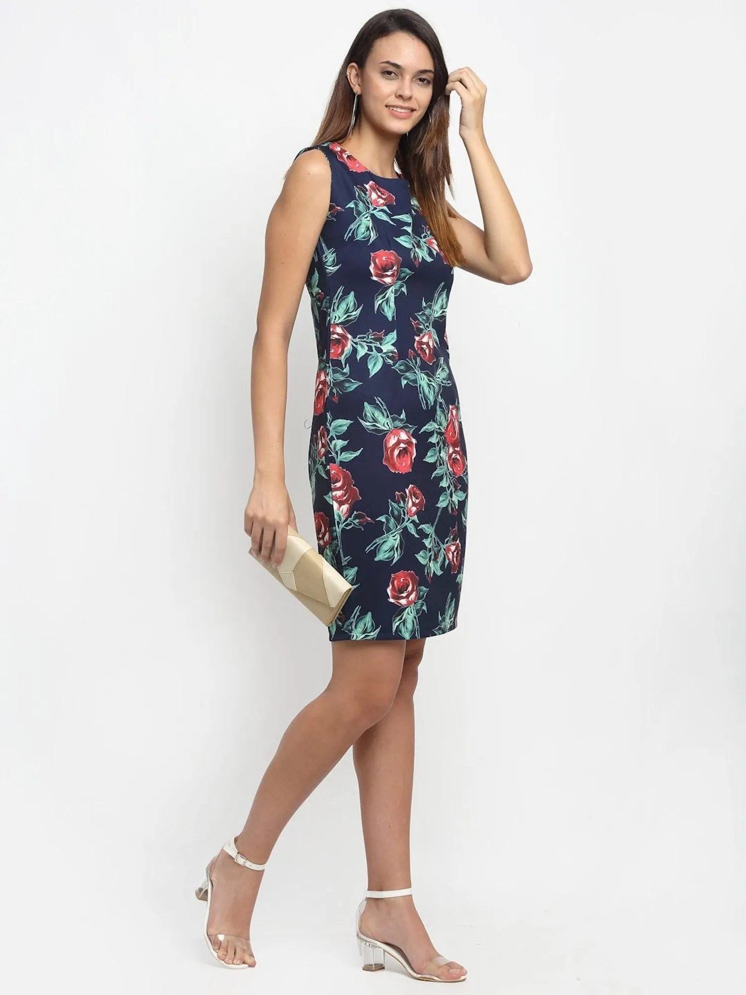 Women Round Neck Slim Fit Sheath Floral Printed Dress