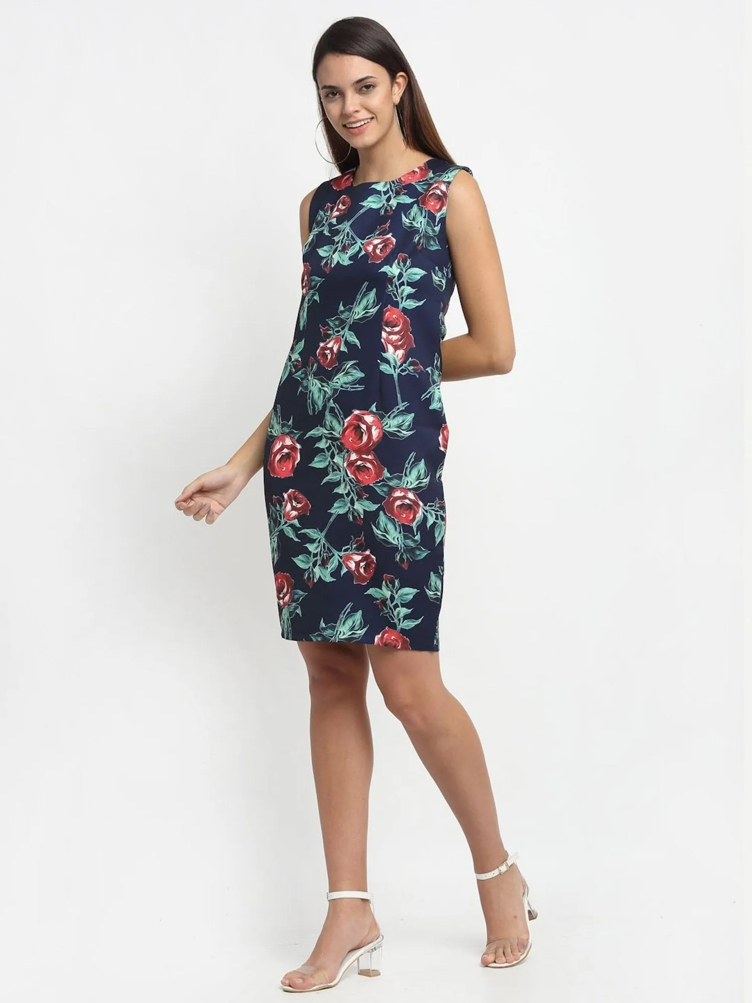 Women Round Neck Slim Fit Sheath Floral Printed Dress