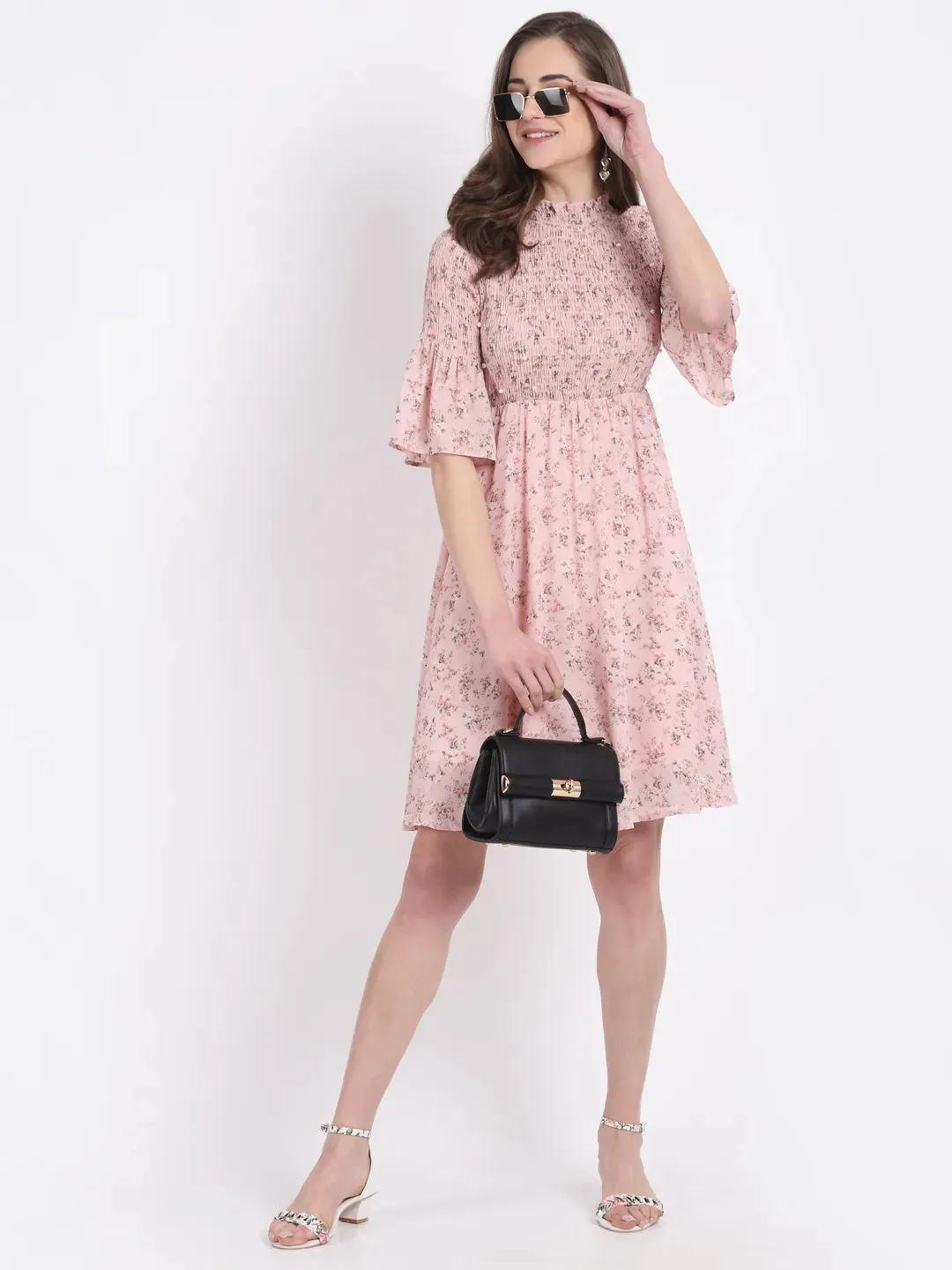 Women Turtle Neck Pearl Embellished Flared Pink Dress