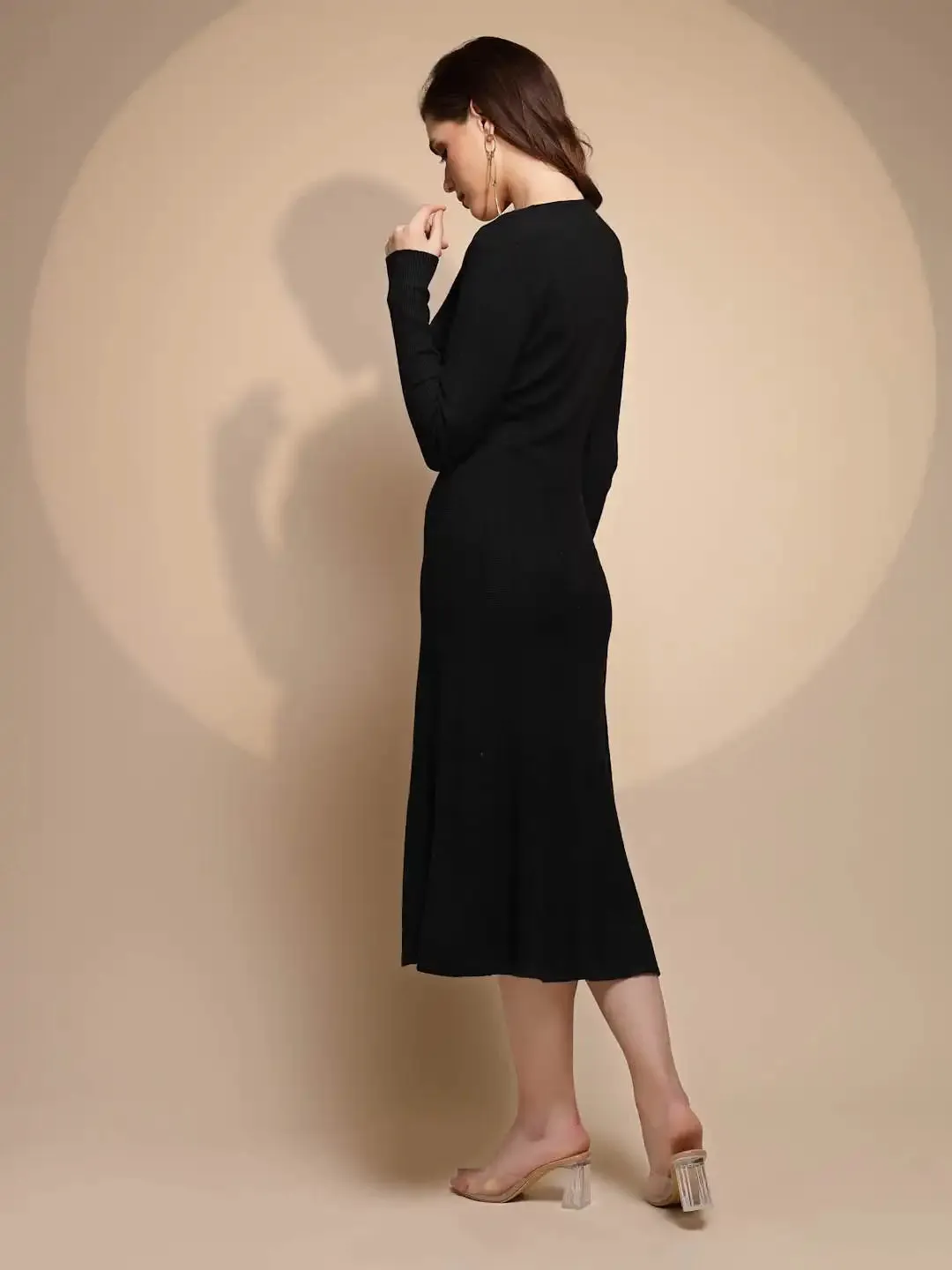 Women V-Neck Black Solid Knitted Long Dress