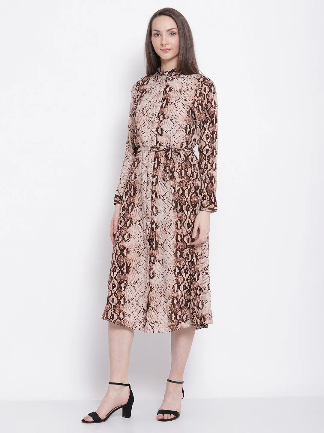 Women White & Brownish Print Cobray Snake Print Knee Length Dress